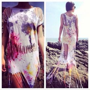 Shredded tye-dye maxi cover up swim dress size m